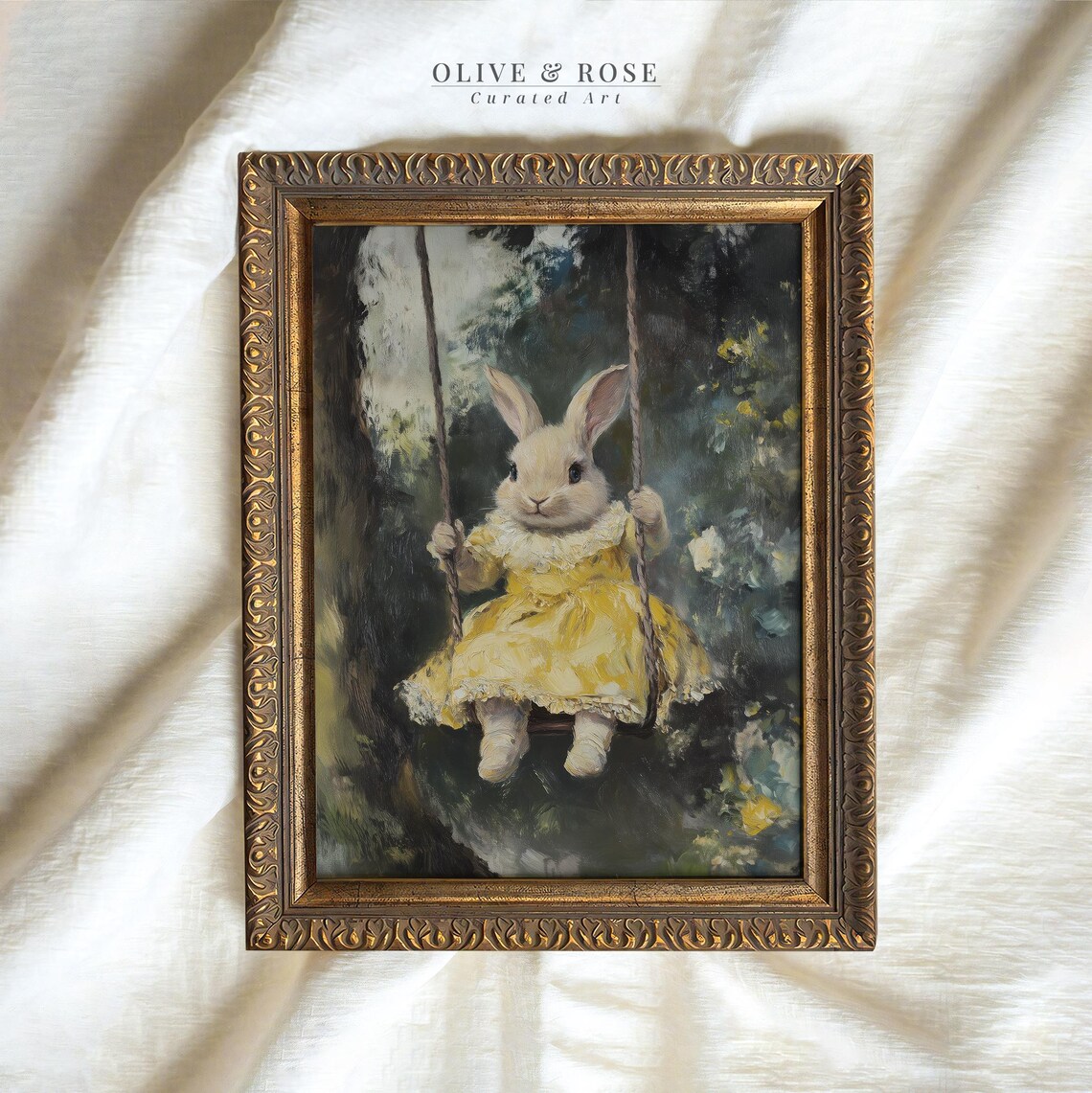 Bunny in Yellow Floral Dress on Tree Swing Moody Forest Wall Art