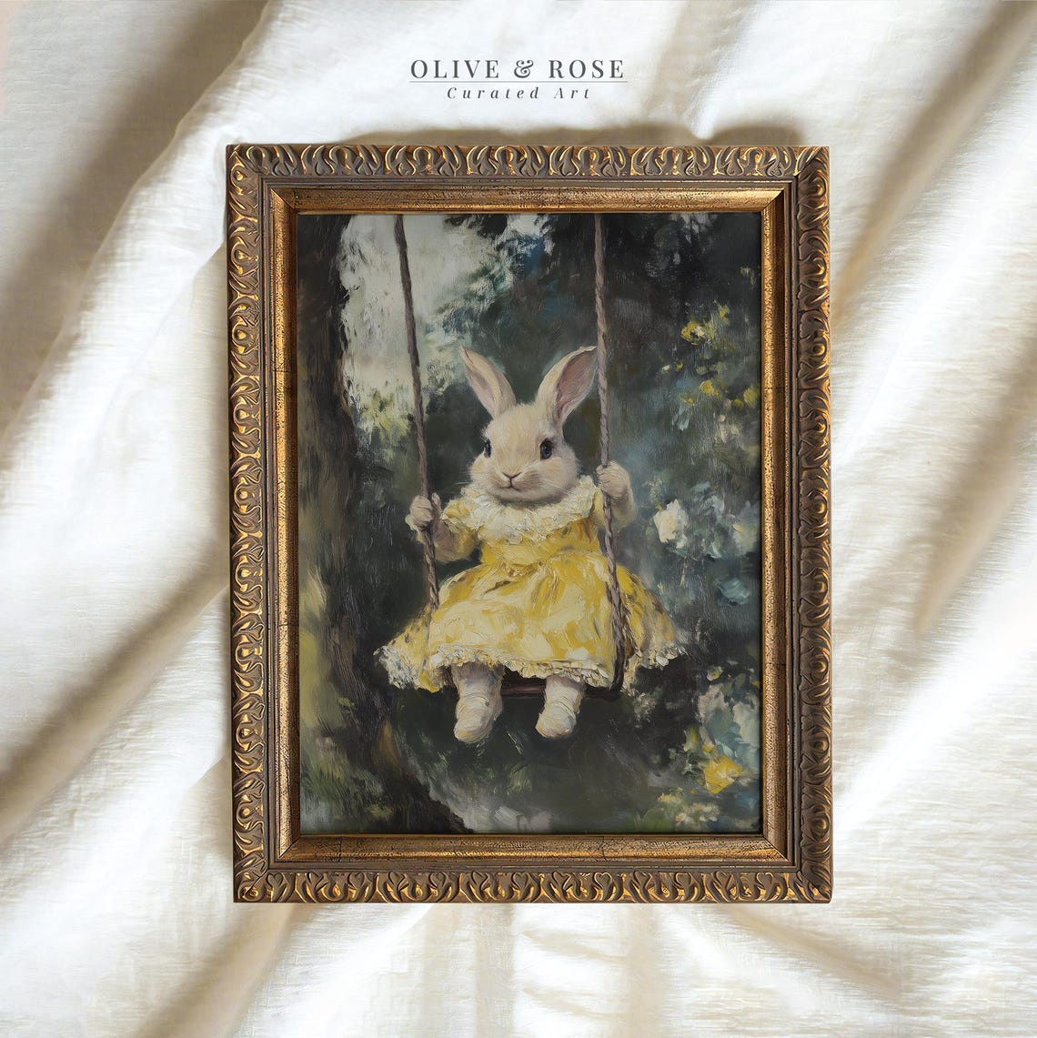 Vintage Easter Bunny On A Swing Print Cute Spring Rabbit Painting Wall Art Bunny In Yellow Dress Prints Easter Decor