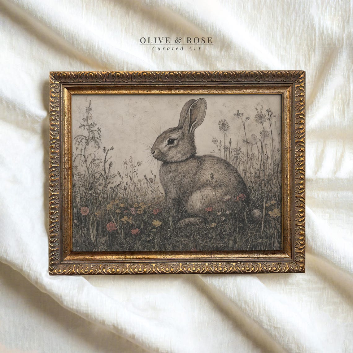 Vintage Easter Bunny In Wildflower Meadow Print Cute Rabbit Painting Wall Art Neutral Bunny Spring Decor Beige Prints