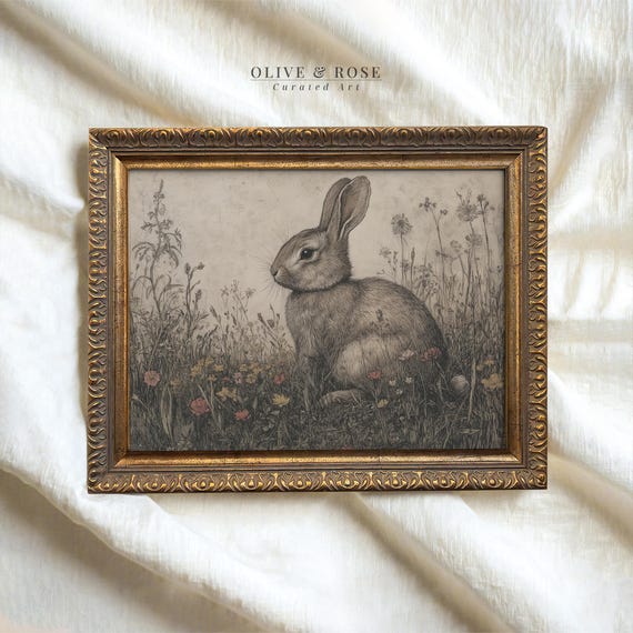 Vintage Easter Bunny In Wildflower Meadow Print Cute Rabbit Painting Wall Art Neutral Bunny Spring Decor Beige Prints