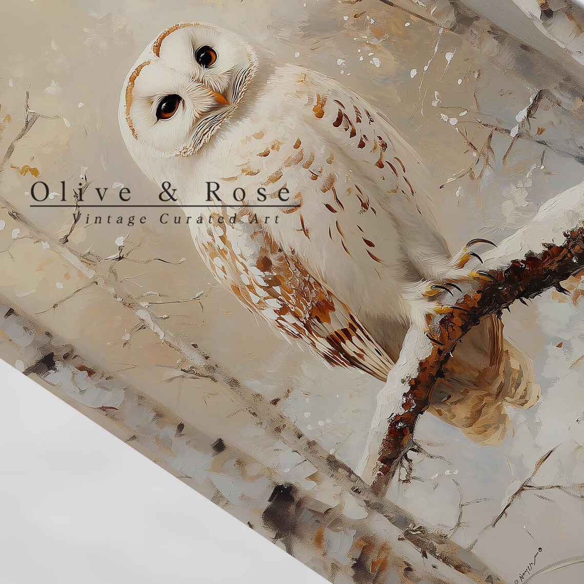 White Snowy Owl Winter Birch Forest Oil Painting Rustic Wall Art Poster - Image 5