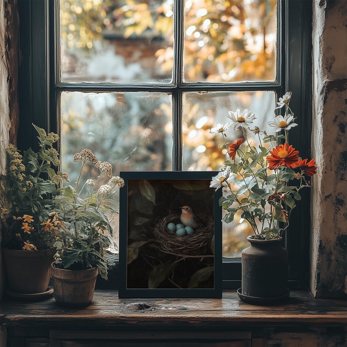 Robin Bird With Blue Eggs In Nest Dark Moody Oil Painting Vintage Poster - Image 2