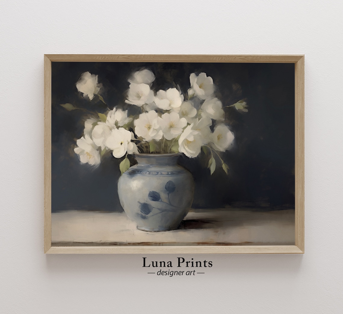 White Flowers Blue Porcelain Vase Moody Vintage Still Life Poster