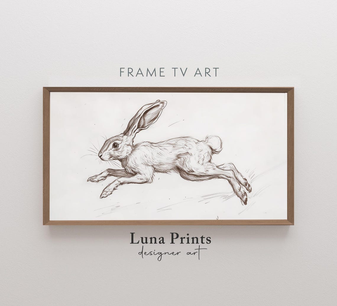 Running Hare Fine Pencil Sketch Minimal Neutral Wildlife Poster