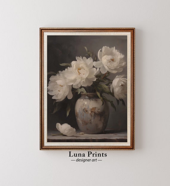Moody Aged Peonies Painting Art Vintage Floral