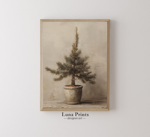 Small Potted Pine Tree Rustic Terracotta Pot Minimalist Winter Painting Poster
