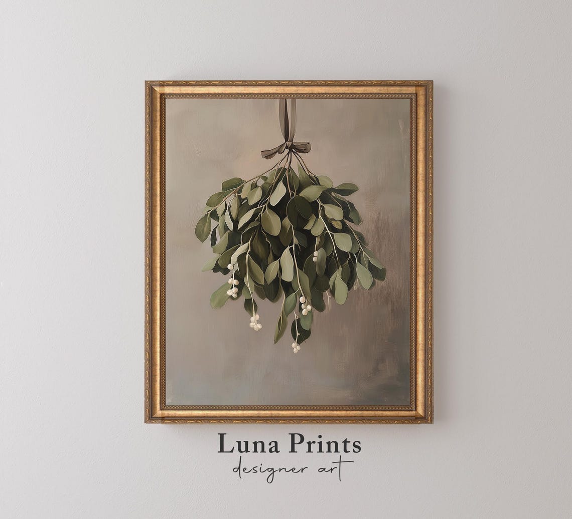 Hanging Mistletoe White Berries Ribbon Vintage Holiday Wall Art