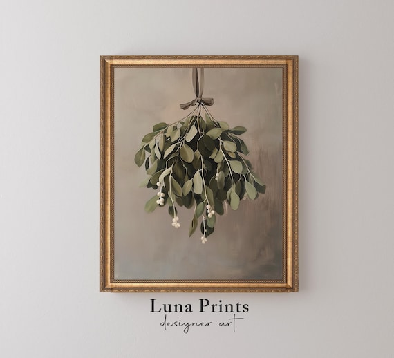 Hanging Mistletoe White Berries Ribbon Vintage Holiday Wall Art