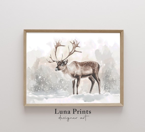 Reindeer Watercolor Snowy Winter Forest Neutral Holiday Poster