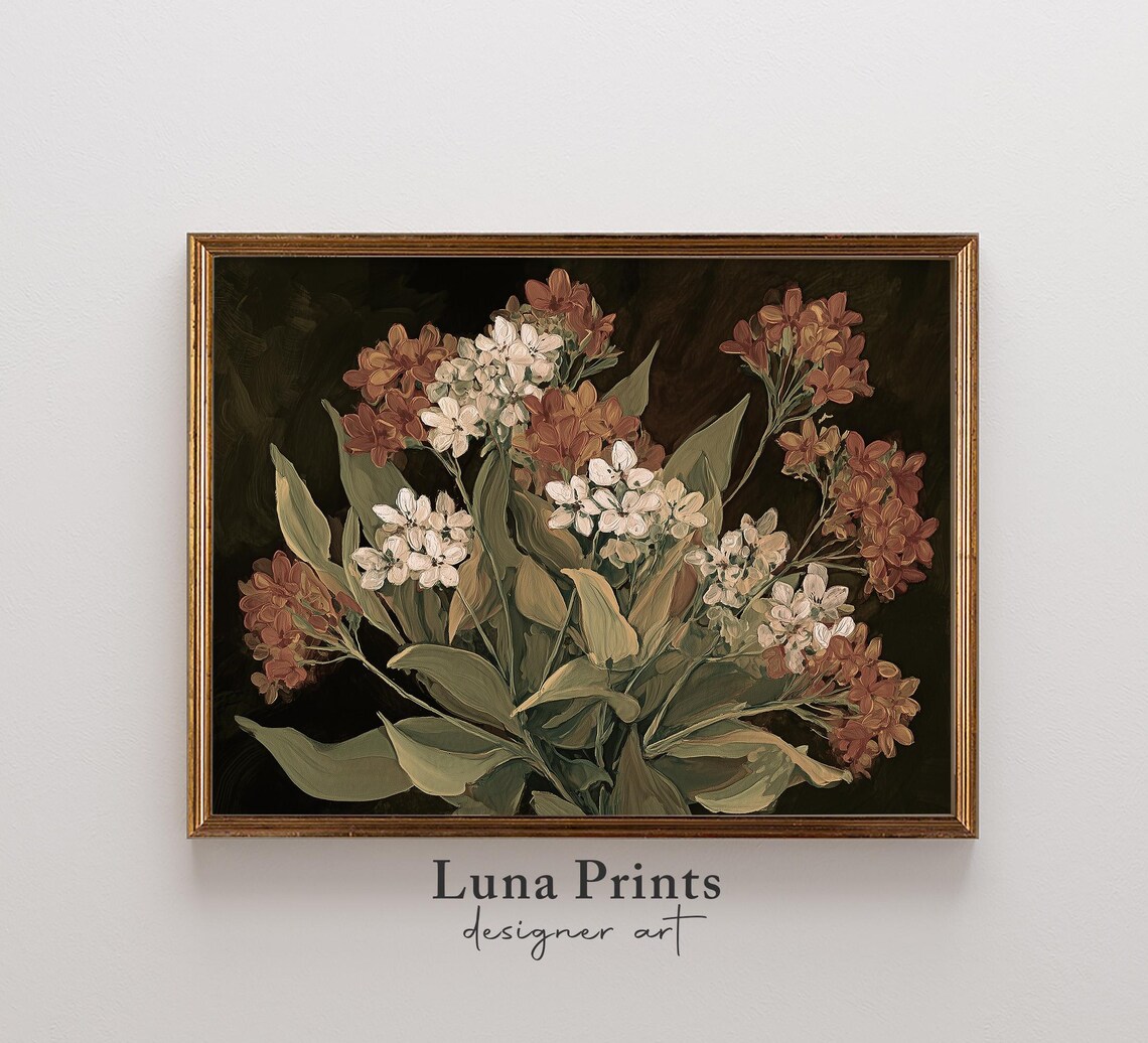 Dark Floral Painting, Vintage Autumn Botanical Art Print