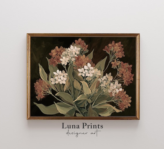 Dark Floral Painting, Vintage Autumn Botanical Art Print