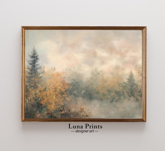 Misty Forest Pines Golden Foliage Fall Landscape Painting Wall Art