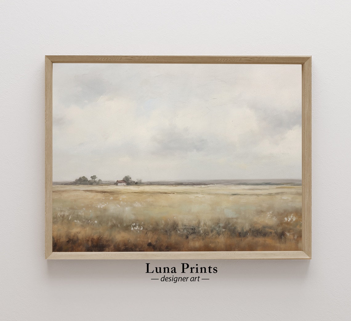 Rustic Golden Field Distant Farmhouse Cloudy Sky Country Poster
