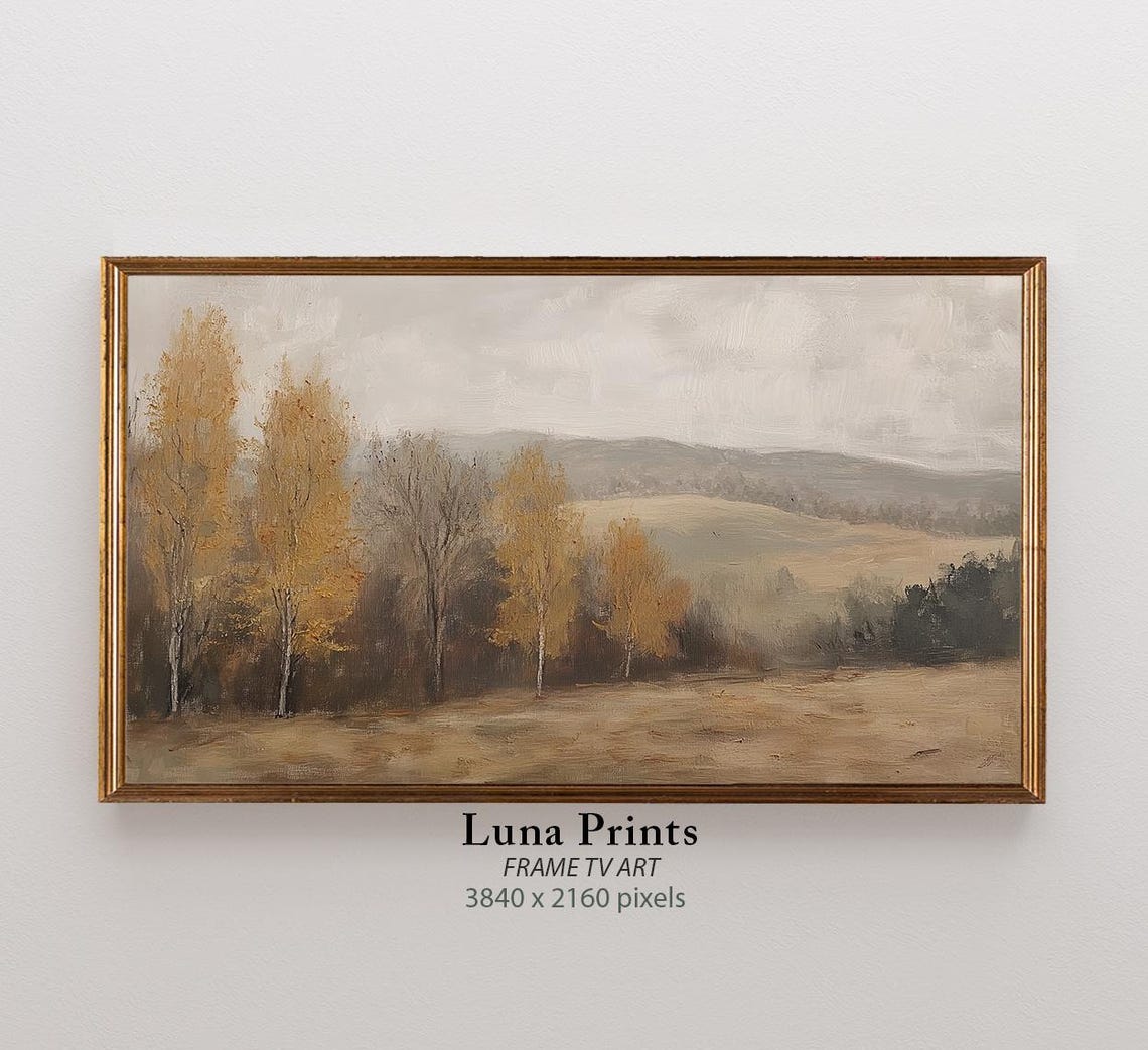 Golden Birch Trees Rolling Hills Autumn Landscape Painting Wall Art