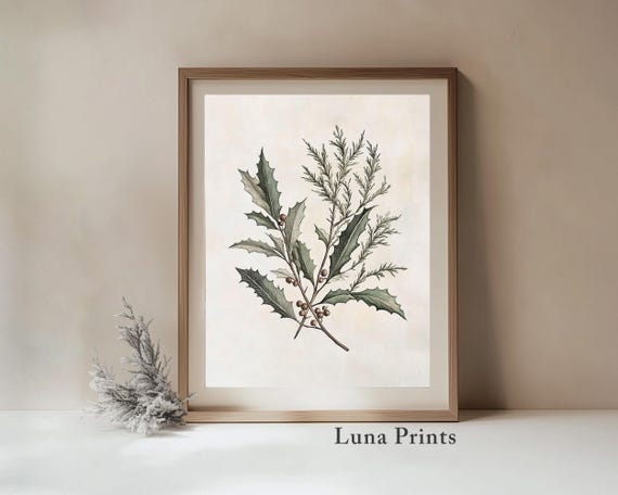 Vintage Holly Art Berry Stems Christmas Poster