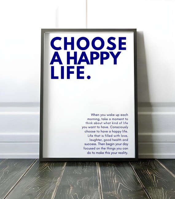 Choose A Happy Life Bold Blue Typography Motivational Quote Wall Poster