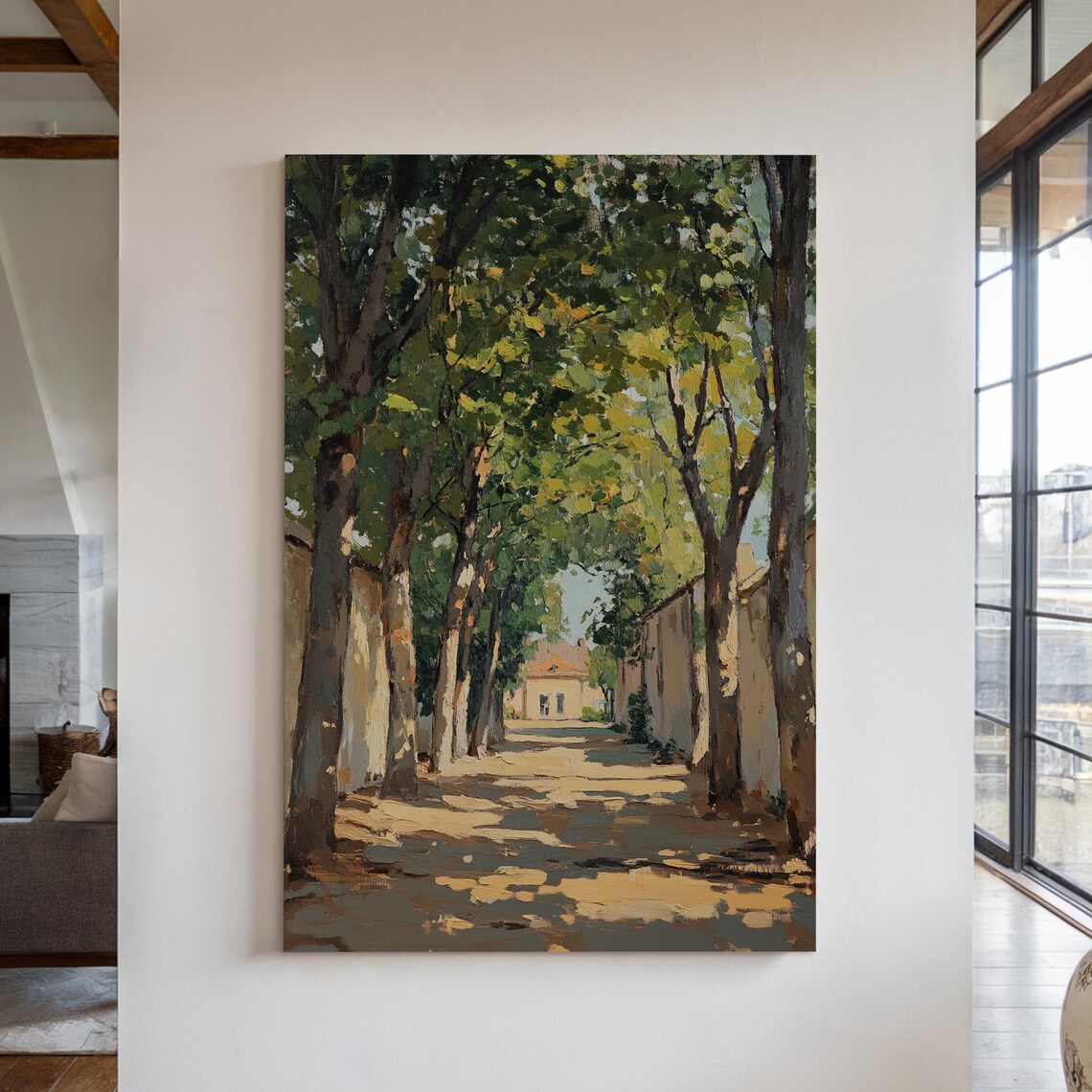 Serene Tree Lined Pathway Oil Painting With Rustic Charm For Elegant Wall Decor And Nature Inspired Home Accents Wall Art Print