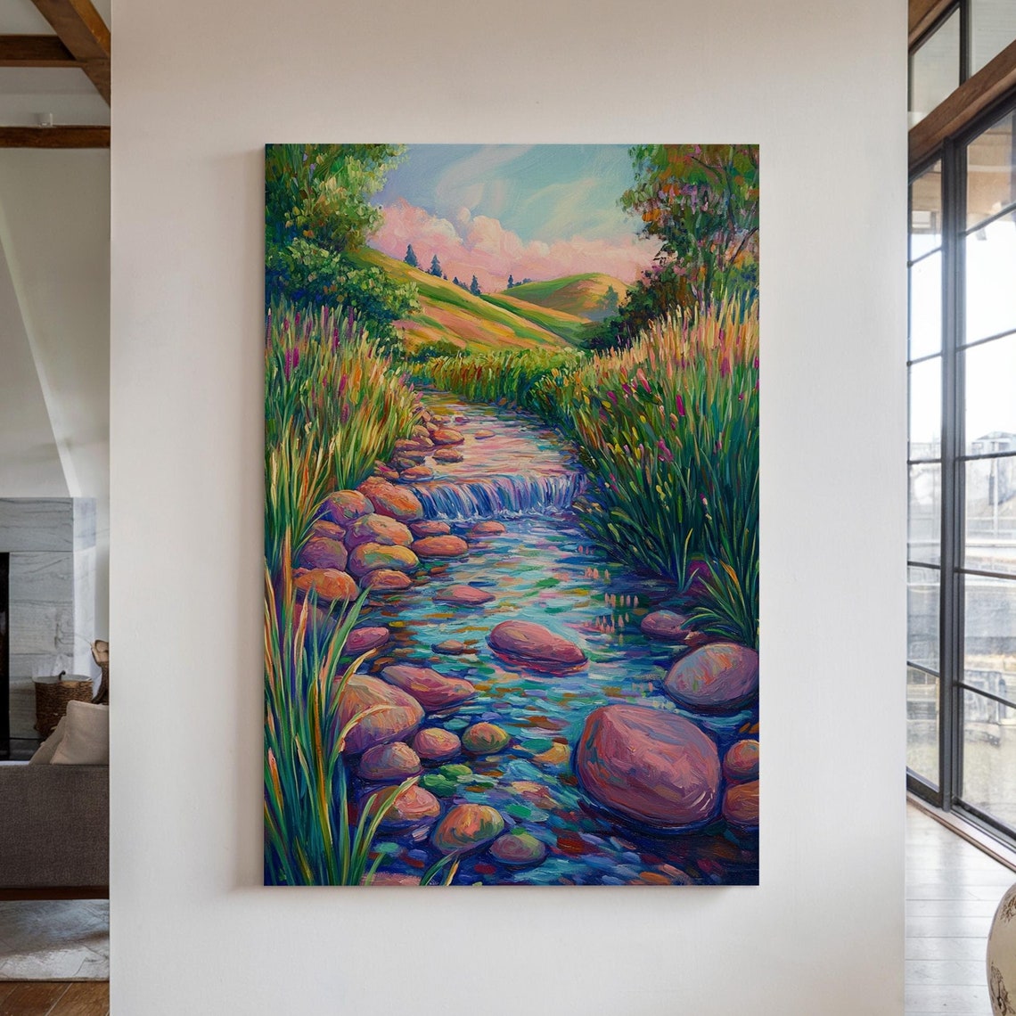 Serene Stream Landscape Painting Style Prints Vibrant Nature Scene With Flowing Water And Lush Greenery