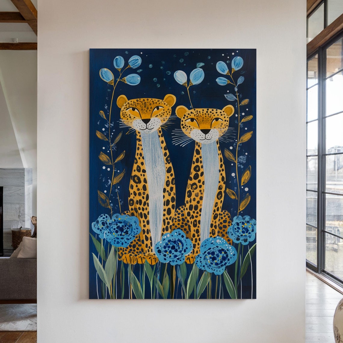 Cheerful Cheetah Pair Among Blue Flowers On Deep Navy Whimsical Poster