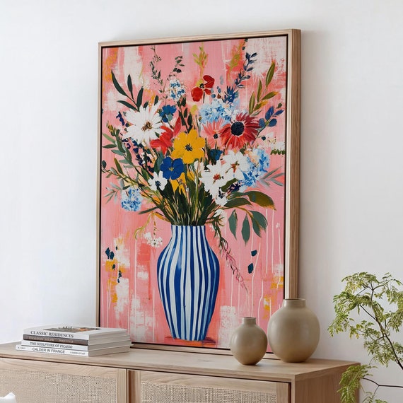 Vibrant Floral Bouquet In Striped Vase Original Acrylic Painting Style On Pink Background Bold And Colorful Wall Art