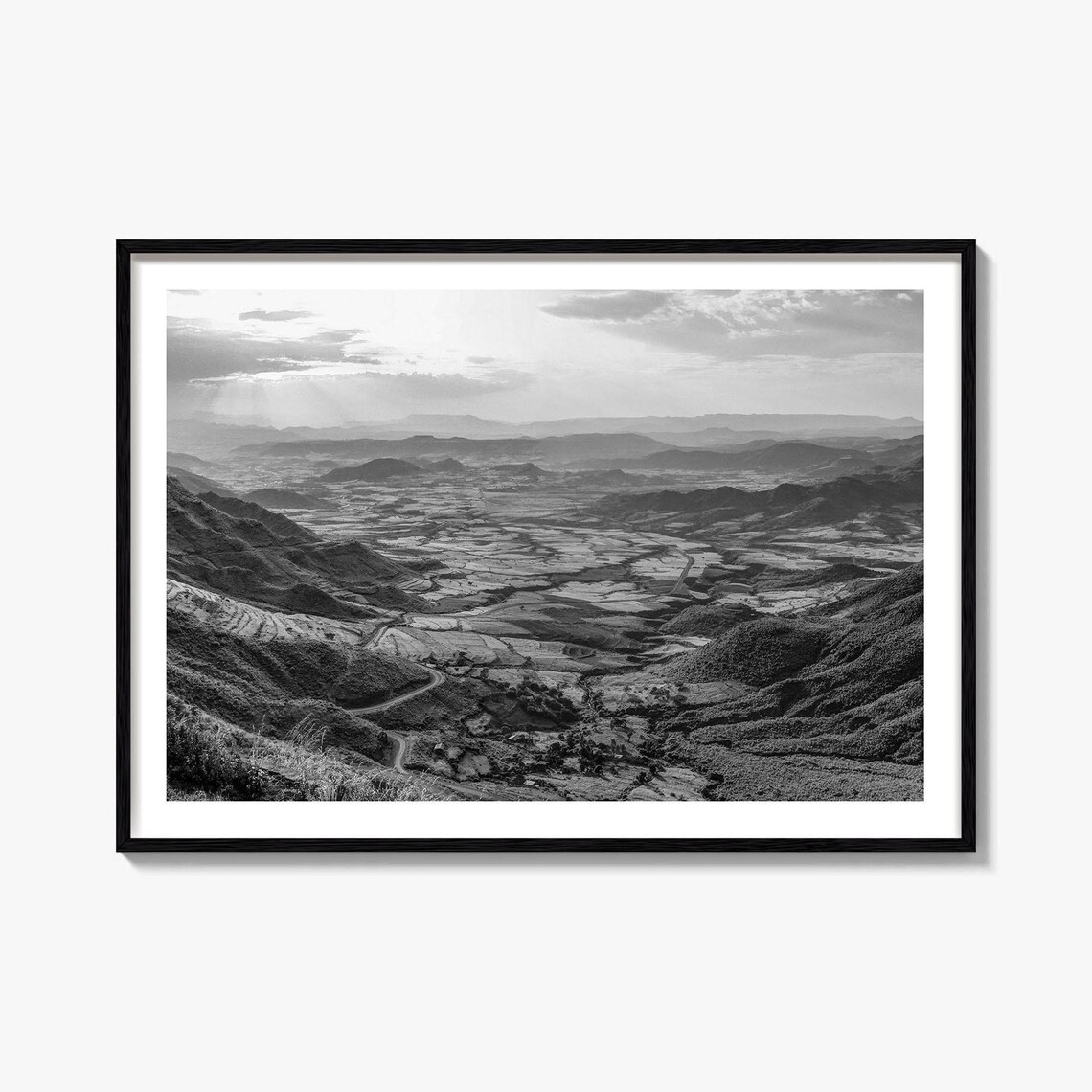 Ethiopia Highlands Black and White Terraced Valley Farms Poster
