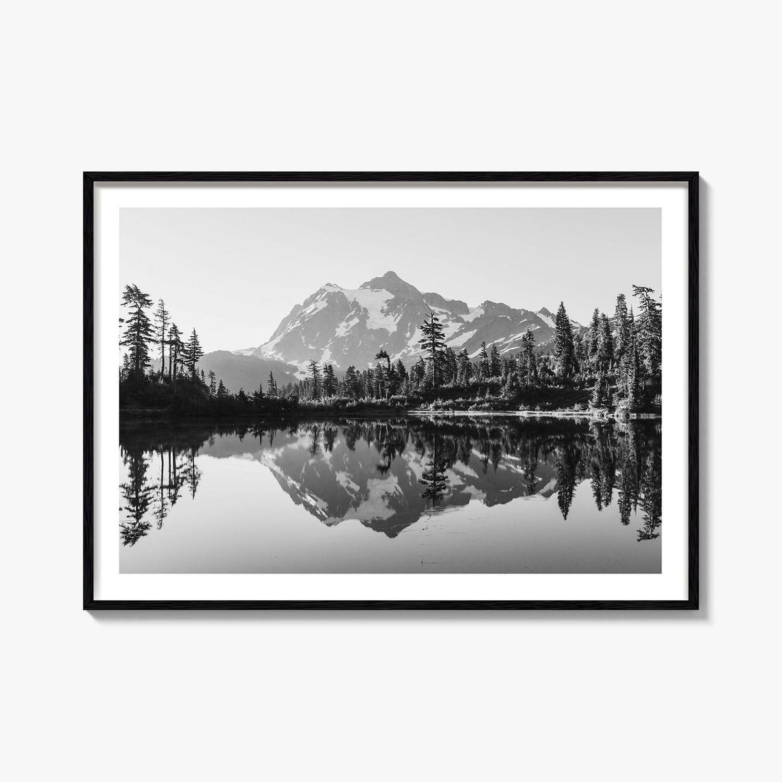 Washington State Black White Snow Peak Lake Reflection Poster