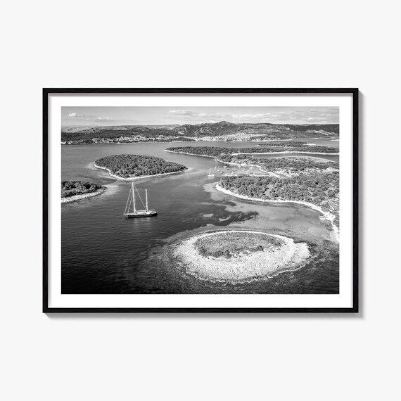 Croatia Adriatic Islands Sailboat Aerial Black And White Poster
