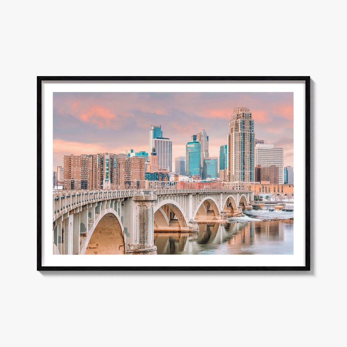 Minneapolis Skyline Stone Arch Bridge Sunset River View Poster