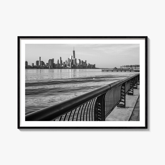 Hoboken Waterfront Manhattan Skyline Black and White Photography Poster