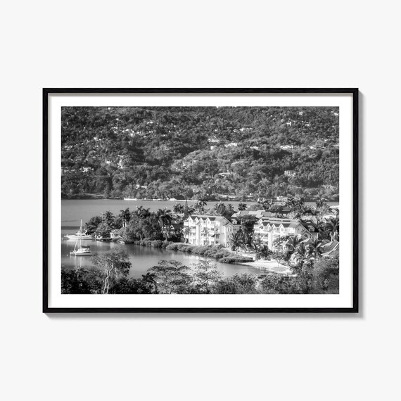 Jamaica Bay Sailboats And Resort Hills Black And White Poster