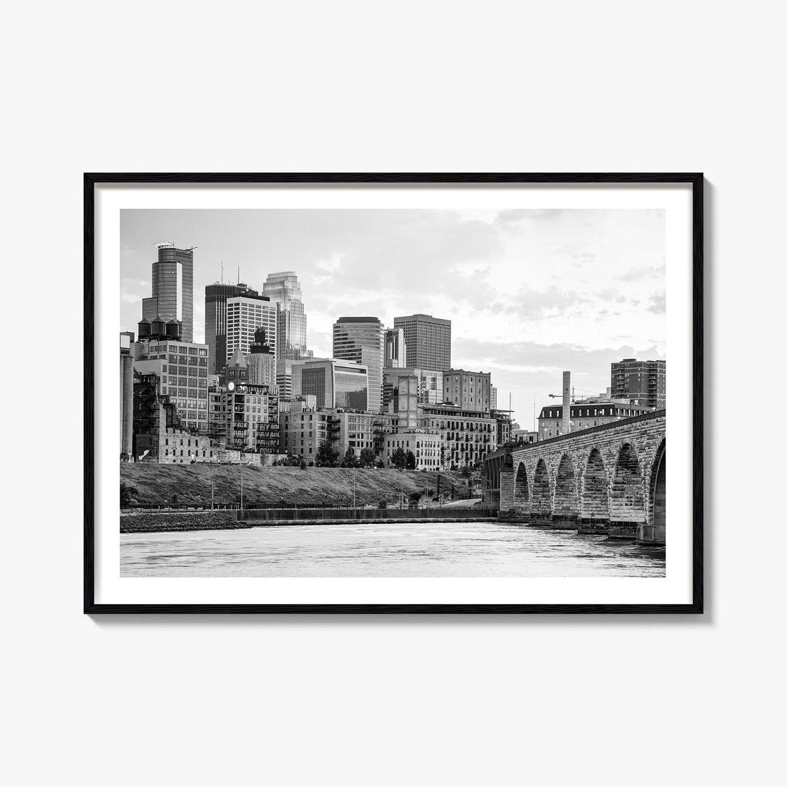 Minneapolis Minnesota Stone Arch Bridge Skyline Black and White Poster