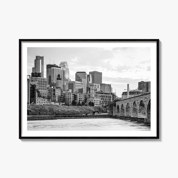 Minneapolis Minnesota Stone Arch Bridge Skyline Black and White Poster