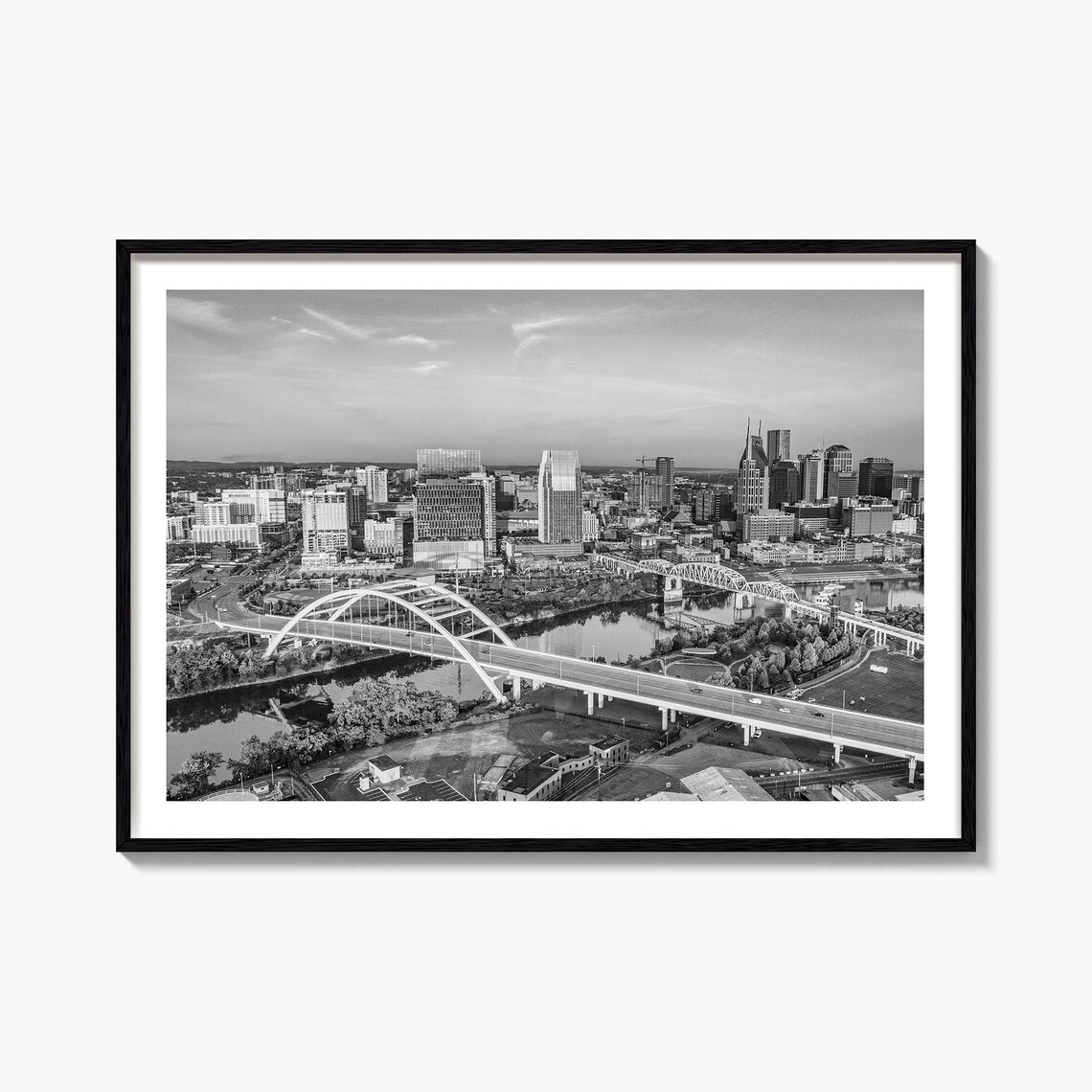 Nashville Tennessee Black White City Skyline River Bridge Poster