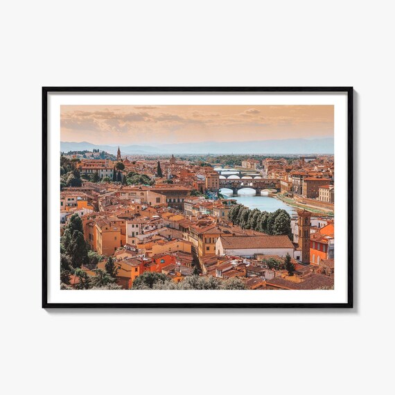 Florence Italy Ponte Vecchio Arno River Rooftops Sunset View Poster