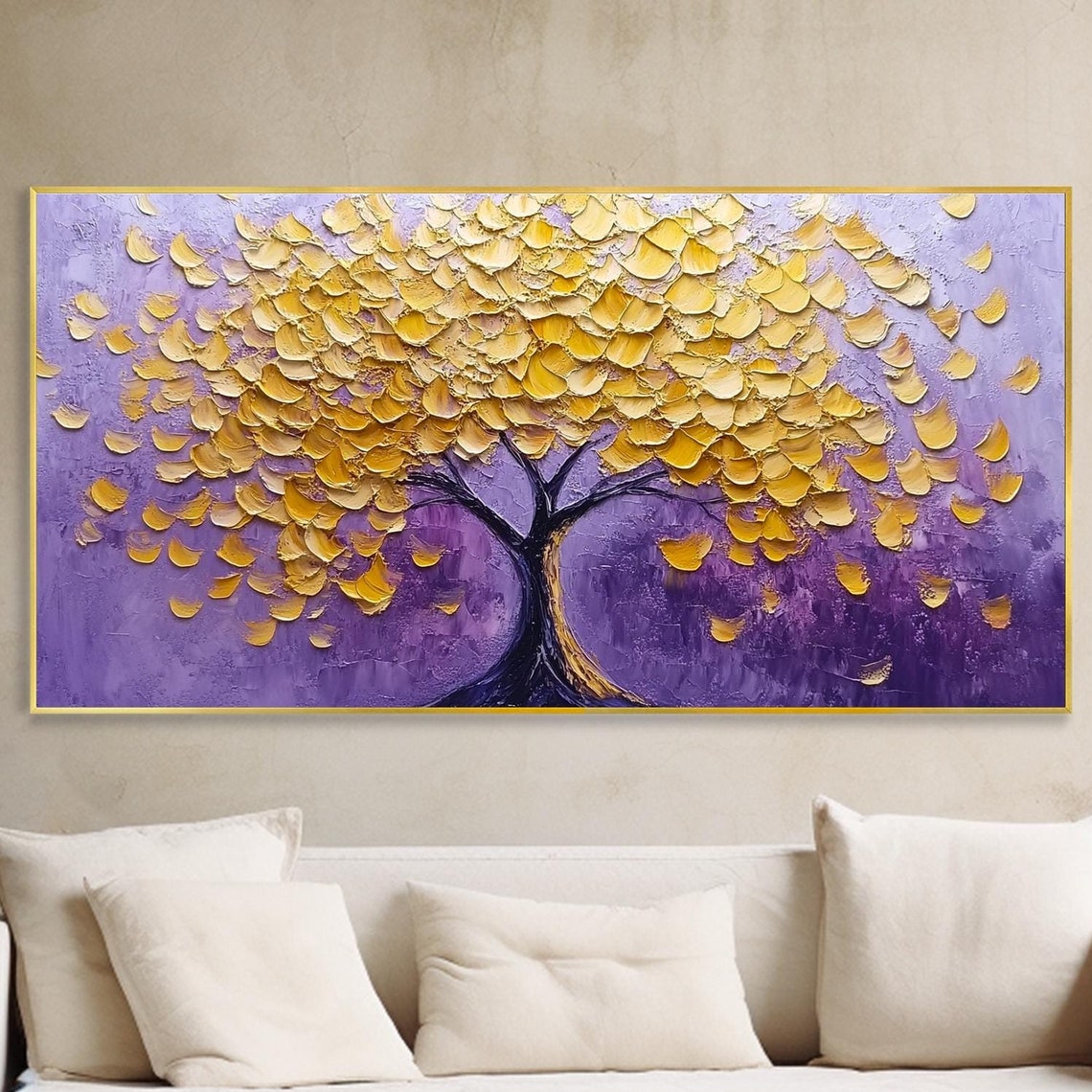 Golden Tree On Purple Background Textured Botanical Art Poster