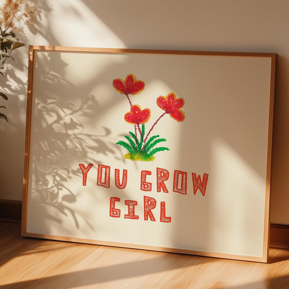 You Grow Girl Red Floral Doodle Motivational Quote Nursery Wall Art