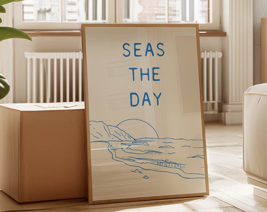Seas The Day Blue Beach Sunset Line Drawing Home Decor Poster - Image 4