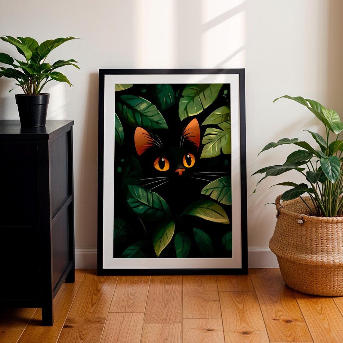 Black Cat Peeking Through Green Jungle Leaves Amber Eyes Wall Art Print - Image 2