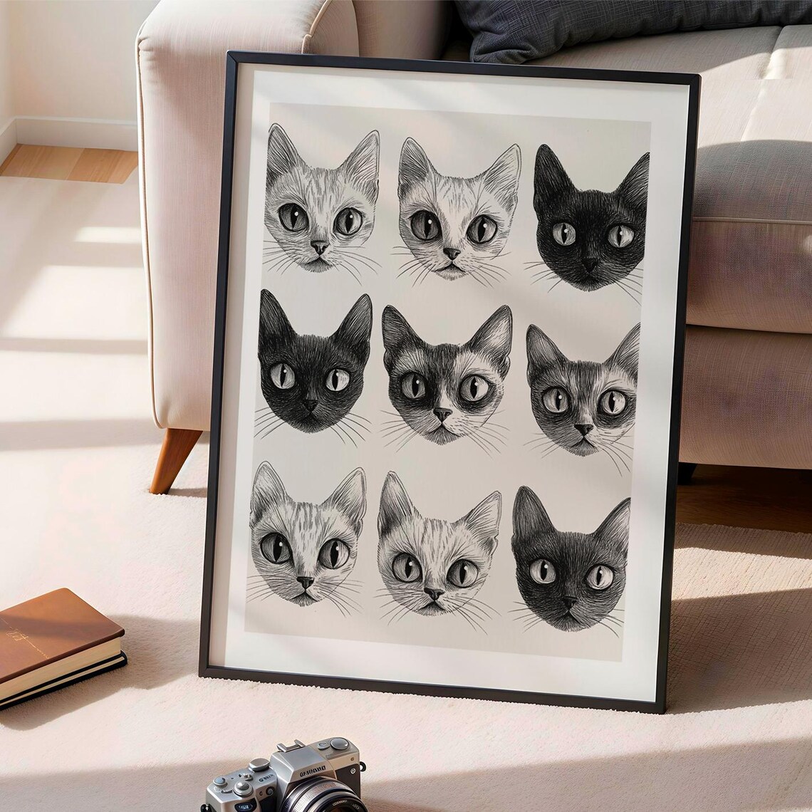Nine Cat Faces Pencil Sketch Grid Black White Retro Boho Wall Art Poster - Image 4