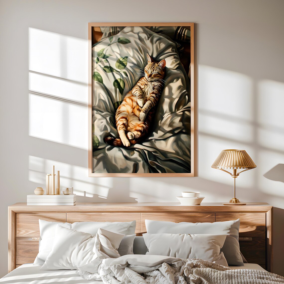 Orange Tabby Cat Sleeping Sunlit Bed Sheets Purr Bedroom Wall Art Print - Image 3