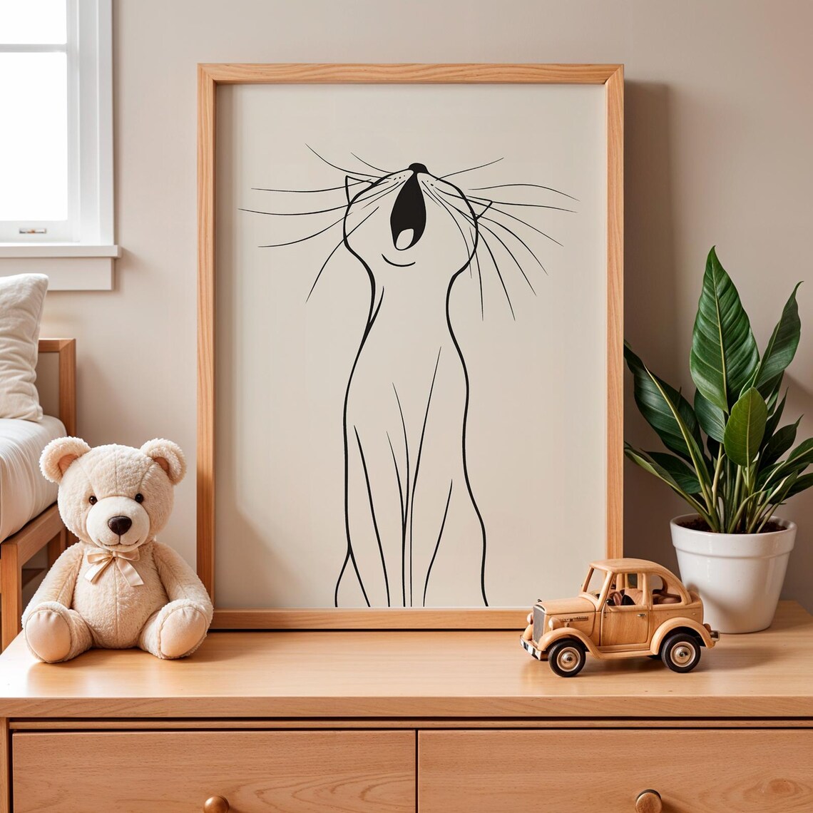 Minimal Line Art Cat Yawning Cream Background Modern Wall Art Poster - Image 2