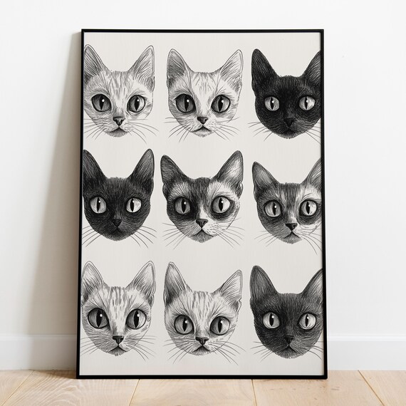 Nine Cat Faces Pencil Sketch Grid Black White Retro Boho Wall Art Poster