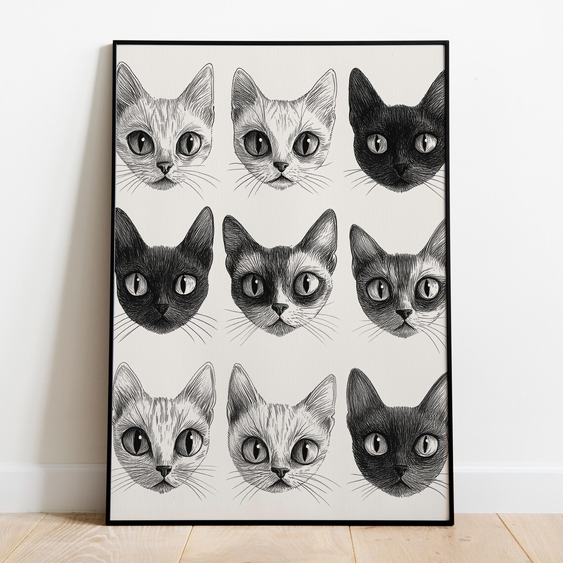 Nine Cat Faces Pencil Sketch Grid Black White Retro Boho Wall Art Poster