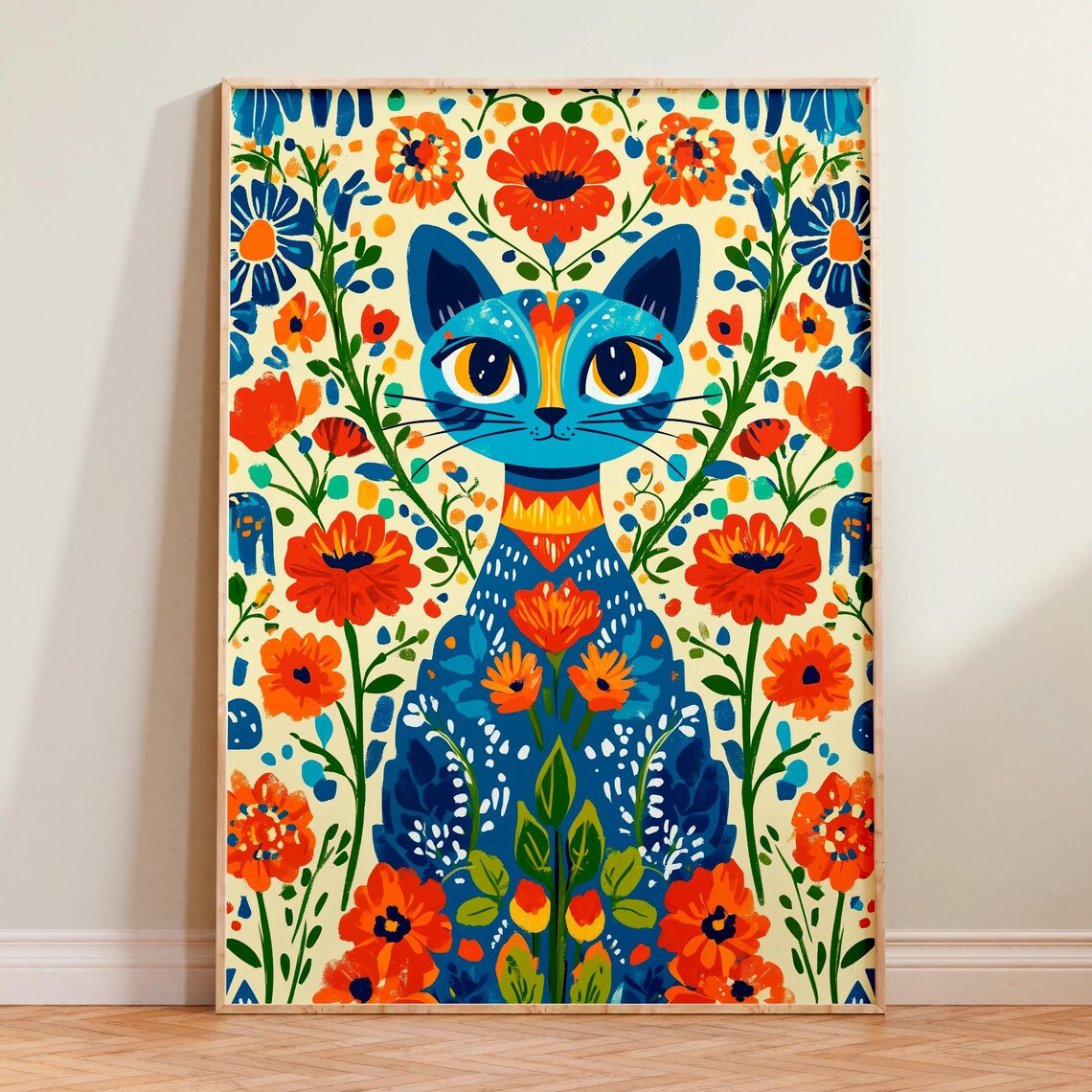 Blue Folk Art Cat Red Flowers Scandinavian Boho Botanical Wall Art Print