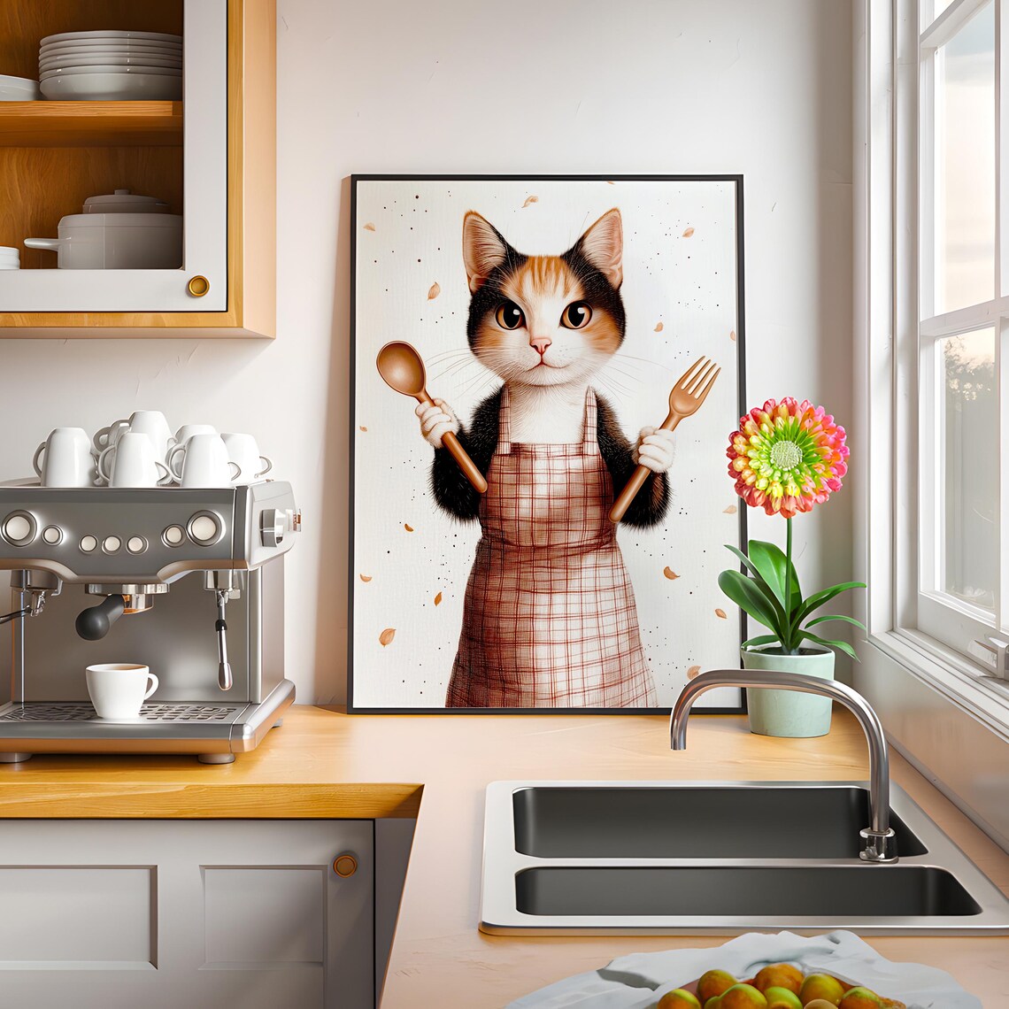 Calico Cat Chef Plaid Apron Wooden Spoon Fork Kitchen Cute Animal Poster - Image 3