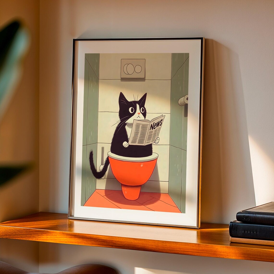 Funny Cat Reading Newspaper On Toilet Bathroom Humor Animal Wall Art Print - Image 4