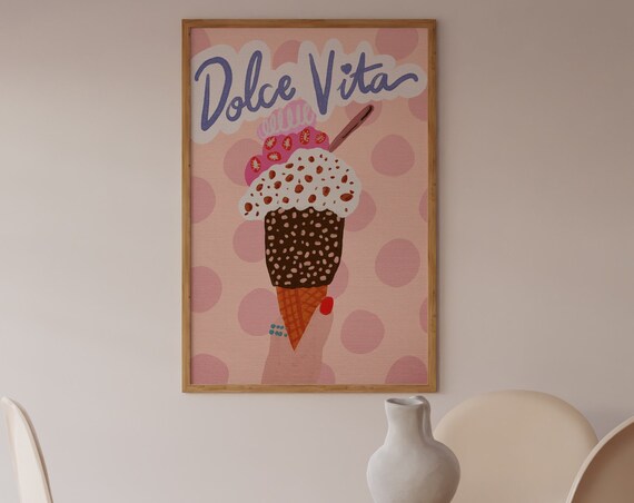 Dolce Vita Gelato Cone Pink Polka Dot Kitchen Illustration Poster