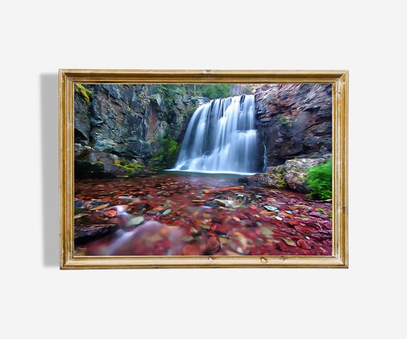 Tranquil Blue Waterfall Over Dark Rocks Forest Painting Poster