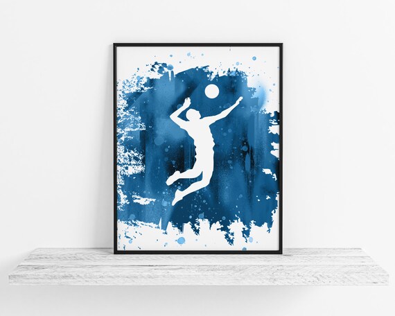 Volleyball Player Jump Spike Silhouette Blue Splash Sports Poster