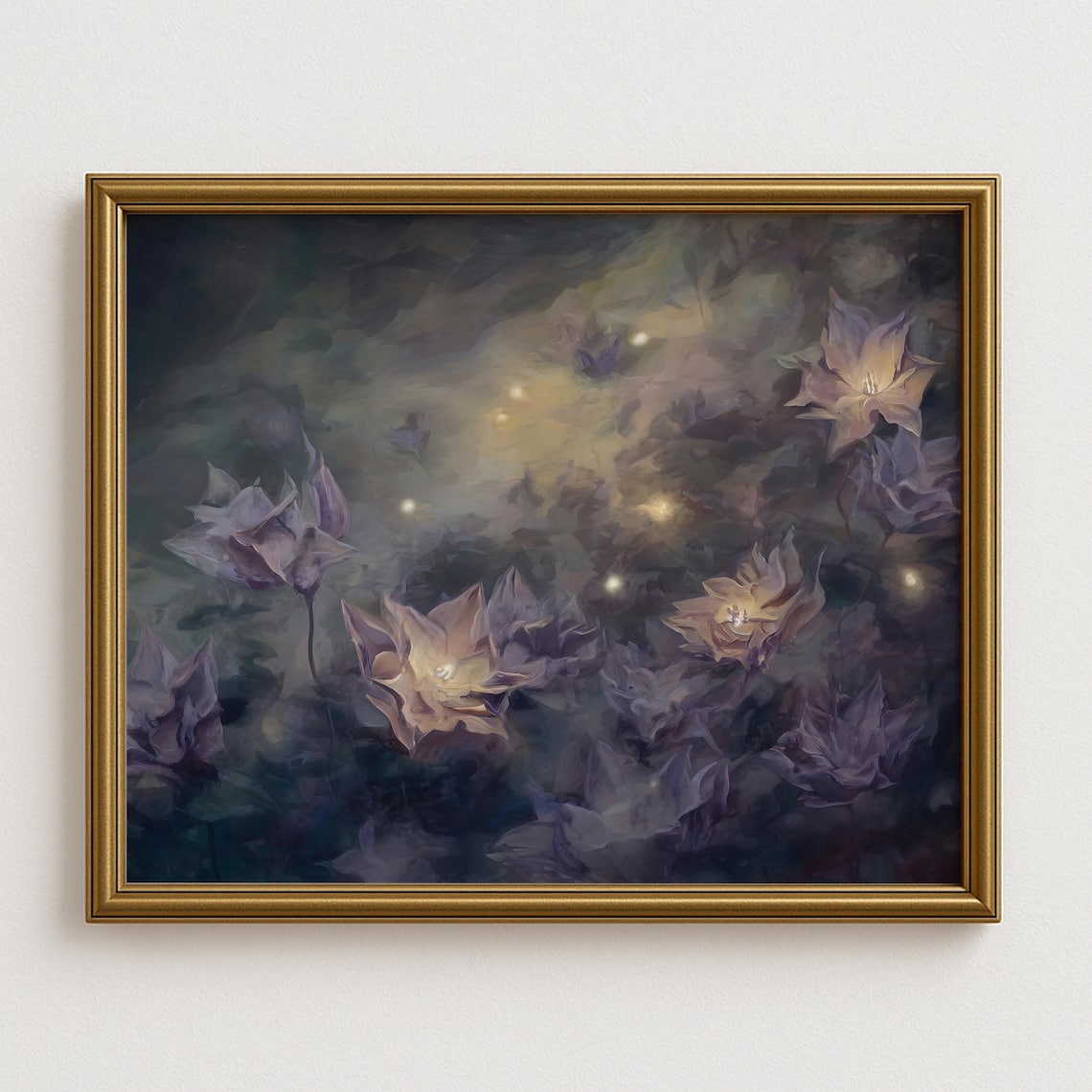 Moonlit Night Blooming Flowers Fireflies Dreamy Purple Floral Poster
